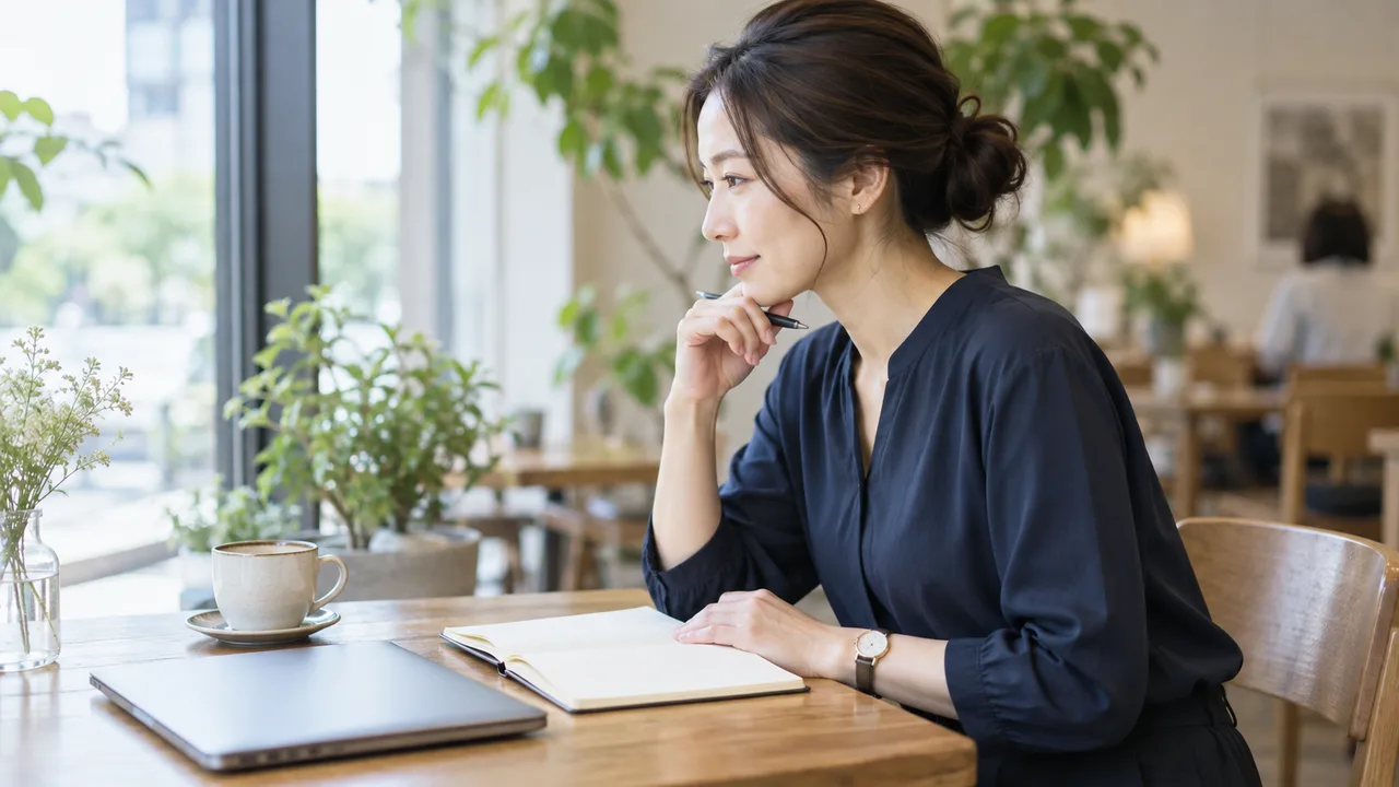 収入と働き方の希望をノートに整理する女性のイメージ。AI生成画像