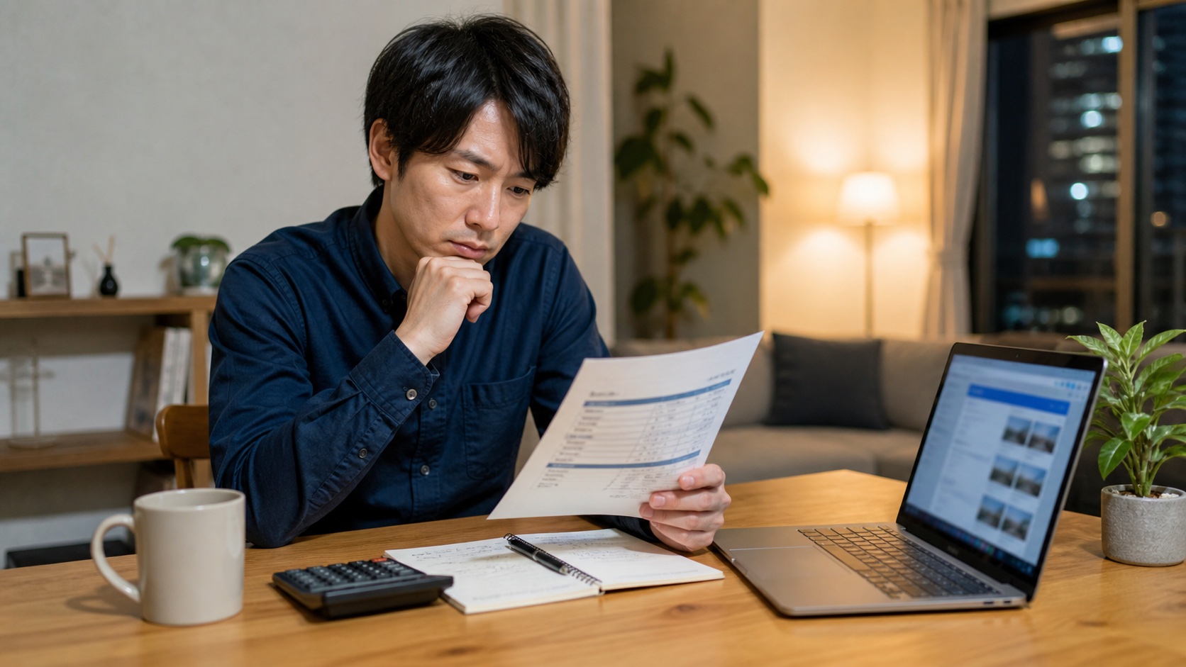 給料明細と家計メモを見ながら転職を考えるビジネスパーソン